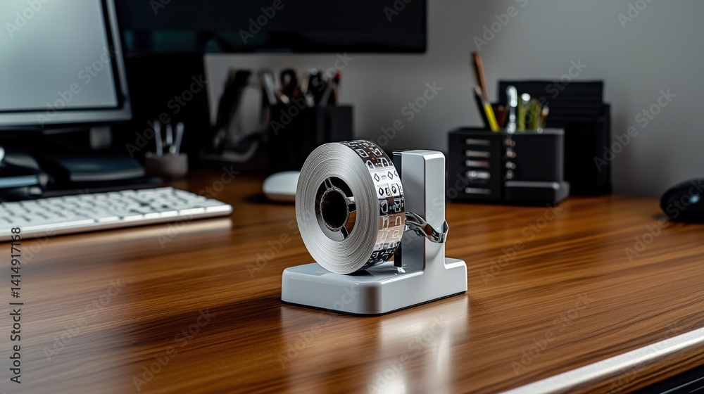Poster Office workspace setup with tape dispenser modern desk product photography minimalist environment close-up view