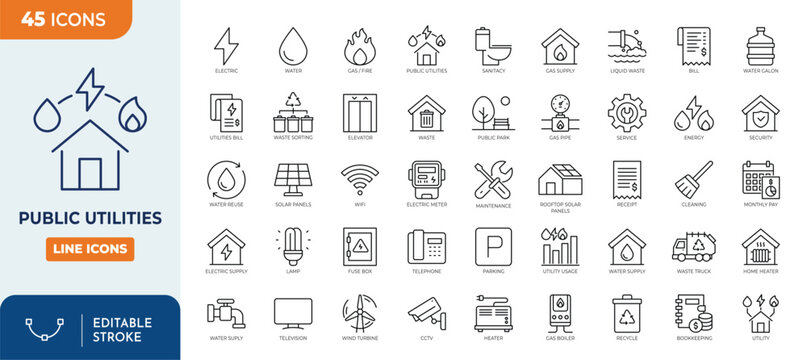 Public utilities icon set. Contains icons related to public utilities, Gas, electricity, water, heating, and more. Outline Icon Collection. Vector illustration. Editable stroke	