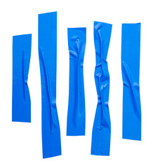 Top view set of wrinkled or crumpled blue adhesive vinyl tape or cloth tape in stripe shape isolated on white background with clipping path