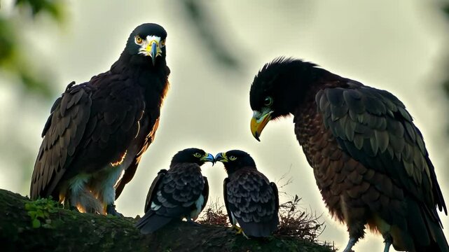 Group of black eagles perched on branch, observing surroundings attentively. Adult birds with distinctive yellow beaks interact while young eaglets huddle nearby in natural habitat.