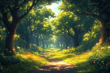 Serene forest pathway illuminated by sunlight with vibrant flowers in a tranquil outdoor setting