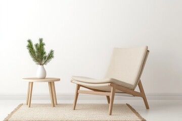 Minimalist interior features elegant chair, wooden table, and po