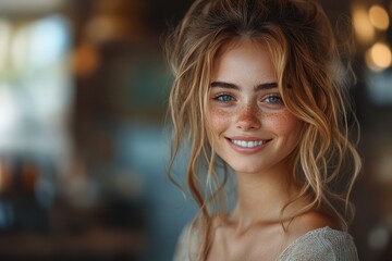 Fototapeta premium Smiling young woman with natural beauty in a cozy indoor setting during golden hour