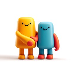 Two colorful, friendly cartoon characters hugging, symbolizing friendship and unity.