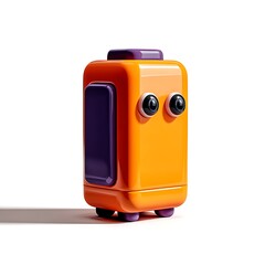 A colorful, cartoonish character resembling a small appliance with eyes.