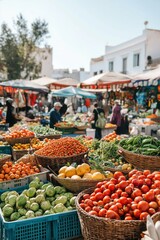 Obraz premium A lively scene at a bustling local farmers' market with colorful stalls brimming with fresh produce, baskets of fruits and vegetables.