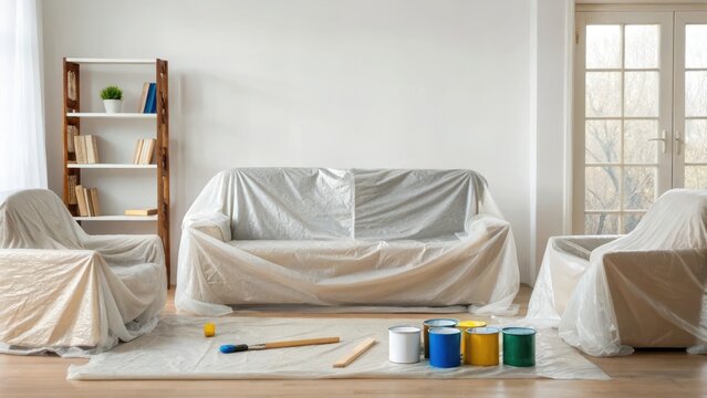 Living room ready for painting with furniture covered in protective plastic. home renovation DIY painting concept