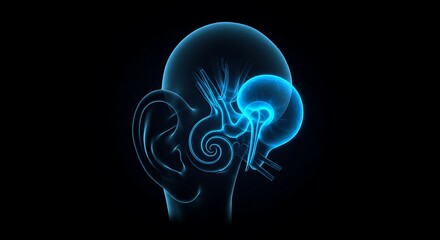 Stylized depiction of the inner ear anatomy, highlighted in glowing blue