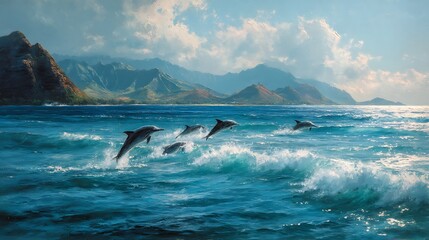 Fototapeta premium Dolphins leaping in ocean, mountain backdrop