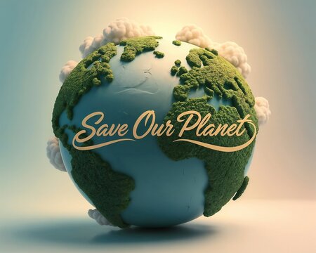 A stylized Earth with moss like green continents, white clouds, and the phrase Save Our Planet in elegant script, symbolizing conservation themes.