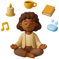 Mental Health :serene illustration of person meditating surrounded by mental health themes like music, candle, book, and tea