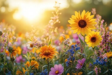 Obraz premium Vibrant sunflower and wildflower meadow illuminated by golden sunlight during early evening hours