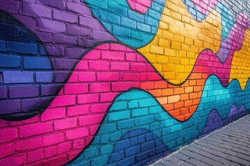 Colorful mural showcasing vibrant wave patterns on a brick wall in an urban alleyway during daylight