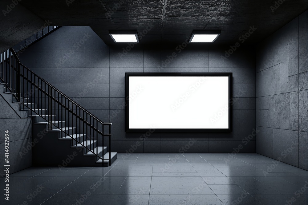 Aufkleber empty illuminated billboard on wall inside modern architecture interior with stairs, tiled floor, co