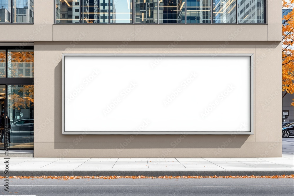 Aufkleber empty white billboard template on a modern building wall, clean architecture style, urban street bac