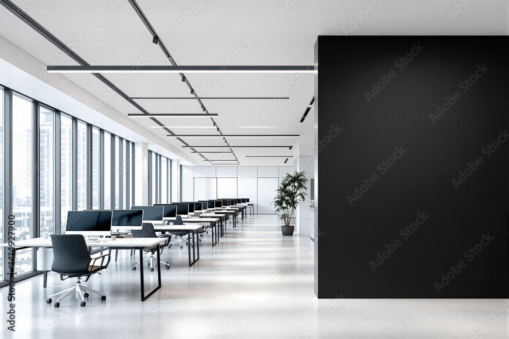 Poster open space office with clean desks and blank dark wall, minimalistic layout in modern architectural 