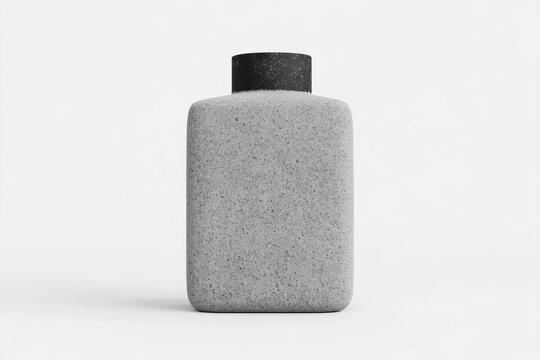 Minimalist grey concrete bottle with a black cap stands centered on a clean white background, showcasing a modern and textured container design.