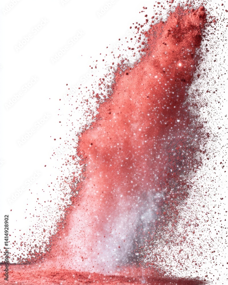 Poster abstract powder explosion in coral red and white creating a dynamic and textured visual effect on a 
