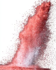 Abstract powder explosion in coral red and white creating a dynamic and textured visual effect on a clean white background for artistic expression