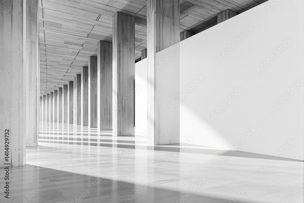Aufkleber minimalist interior architecture with concrete columns and sleek surfaces, modern graphic style, on 