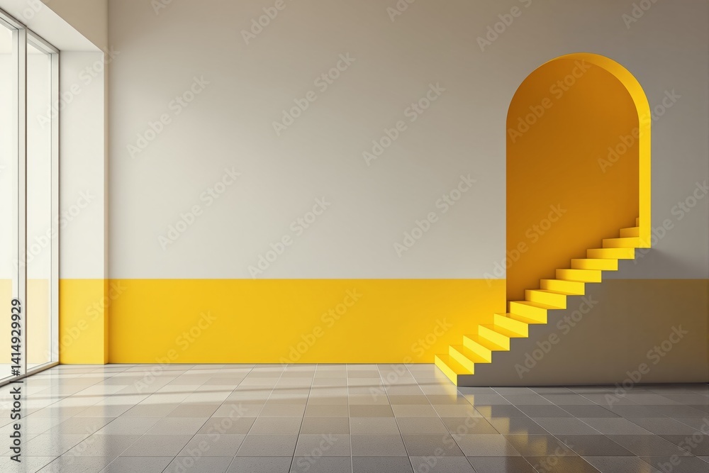 Poster minimal indoor architecture with yellow staircase under arched entry, geometric walls and tiled floo