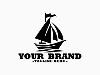 Dark silhouette of a classic sailboat featuring multiple sails and a waving flag sailing on a calm water surface. Boat illustration, sea vector, yacht Illustration and logo sailboat
