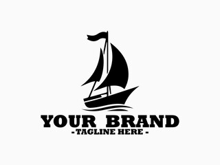 Dark silhouette of a classic sailboat featuring multiple sails and a waving flag sailing on a calm water surface. Boat illustration, sea vector, yacht Illustration and logo sailboat