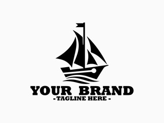 Dark silhouette of a classic sailboat featuring multiple sails and a waving flag sailing on a calm water surface. Boat illustration, sea vector, yacht Illustration and logo sailboat