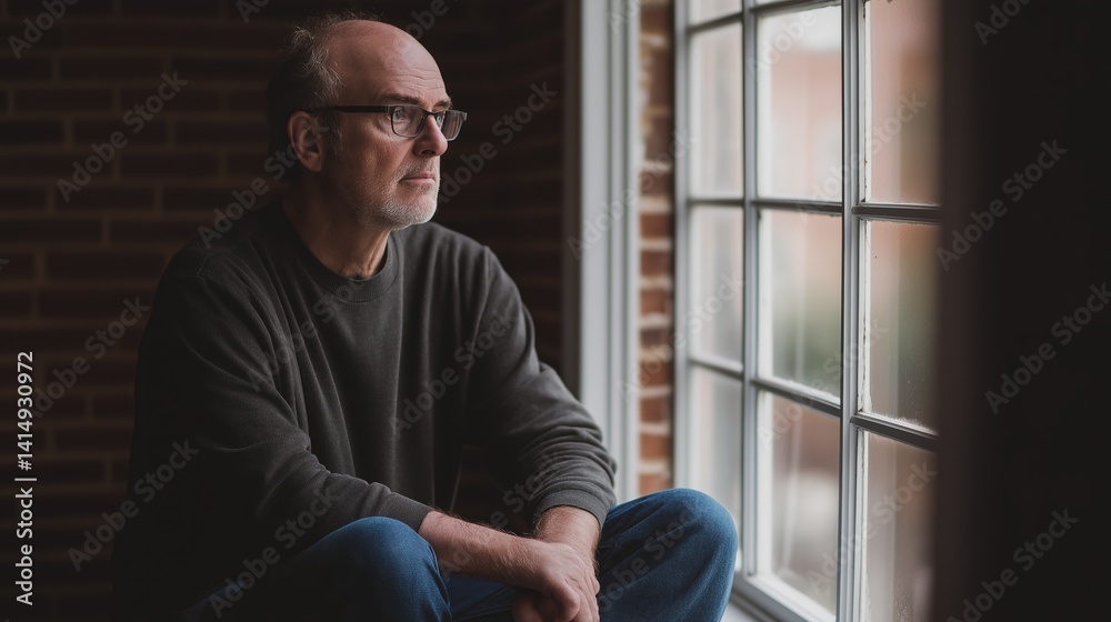 Poster A man sits silently on a windowsill, gazing out with a pensive expression. Soft afternoon light streams through the window, creating a serene and introspective atmosphere