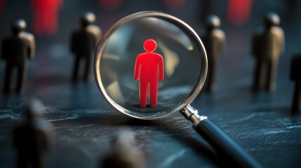 Magnifying glass focusing on a single red figure among many black figures.