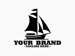 Dark silhouette of a classic sailboat featuring multiple sails and a waving flag sailing on a calm water surface. Boat illustration, sea vector, yacht Illustration and logo sailboat