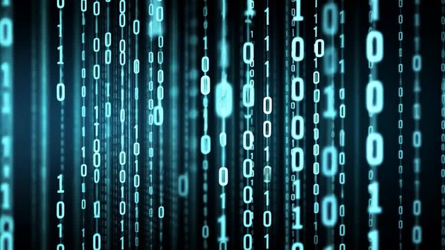 Digital rain of glowing binary code streams against a dark background
