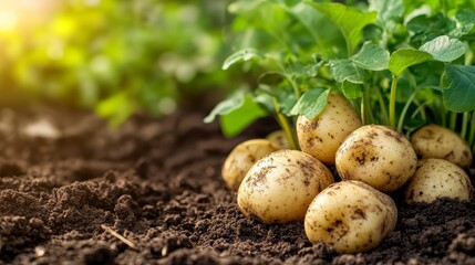 Freshly harvested potatoes with plants in fertile soil, bathed in sunlight.