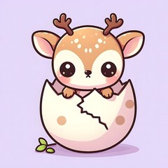 Cute cartoon baby deer with tiny antlers hatching from a cracked egg shell, surrounded by sparkles and spring elements, symbolizing new life and innocence on pastel background