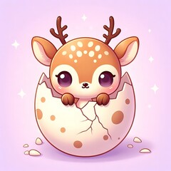 Cute cartoon baby deer with tiny antlers hatching from a cracked egg shell, surrounded by sparkles and spring elements, symbolizing new life and innocence on pastel background