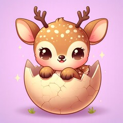 Cute cartoon baby deer with tiny antlers hatching from a cracked egg shell, surrounded by sparkles and spring elements, symbolizing new life and innocence on pastel background