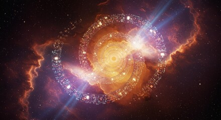 Obraz premium Celestial Ring Station in Nebula - A futuristic space station, ring-shaped, glows brightly within a vibrant nebula. Cosmic rays emanate from its core