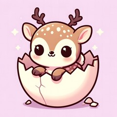 Cute cartoon baby deer with tiny antlers hatching from a cracked egg shell, surrounded by sparkles and spring elements, symbolizing new life and innocence on pastel background