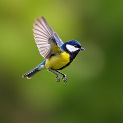 Fototapeta premium Beautiful great tit flying with vibrant colors of nature, wildlife, outdoors