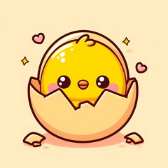 
Charming cartoon chick hatching from a cracked eggshell, depicted with a joyful expression and soft pastel tones. A playful and whimsical baby animal illustration ideal for spring, Easter, or childre