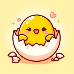 
Charming cartoon chick hatching from a cracked eggshell, depicted with a joyful expression and soft pastel tones. A playful and whimsical baby animal illustration ideal for spring, Easter, or childre