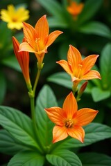 Obraz premium Beautifully blooming crocosmia flowers with green leaves in a backyard garden, crocosmia, flora