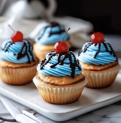 Small pastries covered with blue icing and chocolate sauce