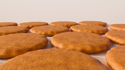 a 3d rendering of collection of uniformly sized, round cookies against a plain, light-colored background. The cookies have a golden-brown color baked appearance.