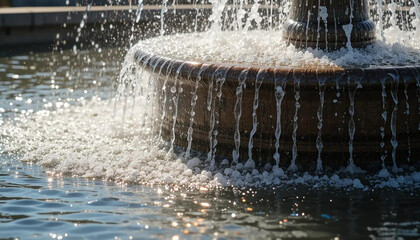 Close up of water cascading down a fountain with sunlight reflecting in the water below it