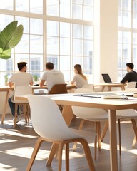 Obraz premium Casual team meeting over lunch in sunny workplace, collaboration moment, 3D illustration
