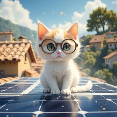 An adorable kitten sits on the edge of a solar panel located on the roof of a house