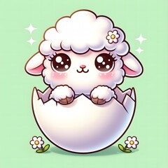Adorable baby lamb with big sparkling eyes hatching from a cracked egg shell, set against a soft green background with daisies, symbolizing new life and springtime innocence