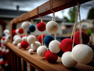 Creative Patriotic Crafting with Red White Blue Yarn Outdoor Setting Decorative Art Festival Vibes Close-Up Perspective