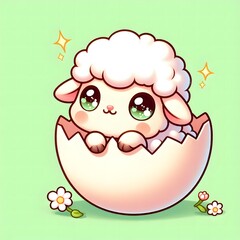 Adorable baby lamb with big sparkling eyes hatching from a cracked egg shell, set against a soft green background with daisies, symbolizing new life and springtime innocence